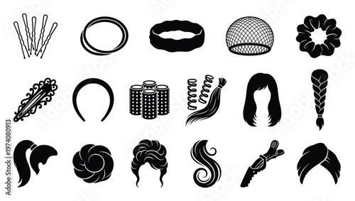 Comprehensive collection of hair accessories and diverse hairstyles essential for beauty salons, hair care product promotion, and DIY styling guides