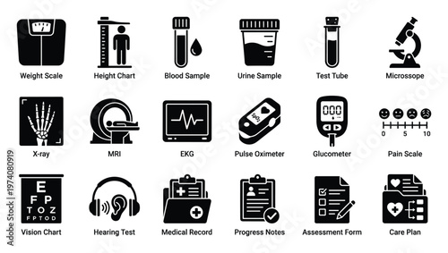 A comprehensive set of essential medical examination and diagnostic tool icons, representing patient assessment and healthcare records, perfect for medical websites, presentations, and