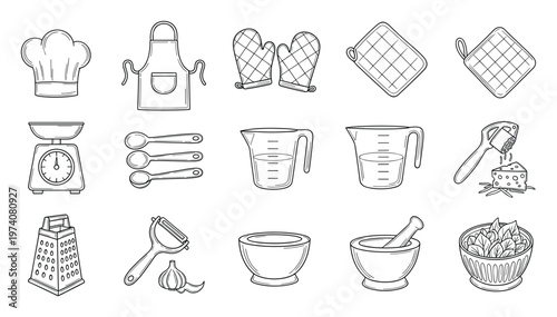 Collection of essential kitchen tools and cooking accessories including chefs hat, apron, measuring cups, and graters, perfect for culinary and reciperelated projects.