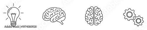 Line icons set illustrating bright ideas with a light bulb, intellect and learning with a human brain, and problemsolving mechanisms with gears, ideal for business, education, and
