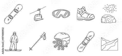 Winter sports and snowboarding equipment essential gear line drawings suitable for web design print media and educational graphic assets