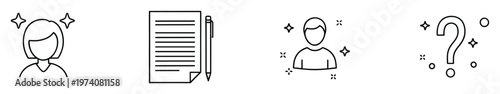 Minimalist line art icons depicting user profiles with new ideas, document creation, and common inquiries suitable for modern business and educational applications.
