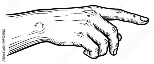 Black and white line drawing of a human hand pointing with the index finger, showing direction or interaction, useful for conveying instruction or guidance in various visual media