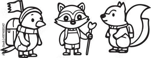 Cute Woodland Animal Coloring Page, Adorable Cartoon Forest Friends Line Art.