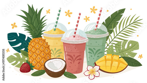 Tropical smoothie set with pineapple coconut and mango colorful drinks with straws surrounded by leaves and fruit on white background refreshing summer concept