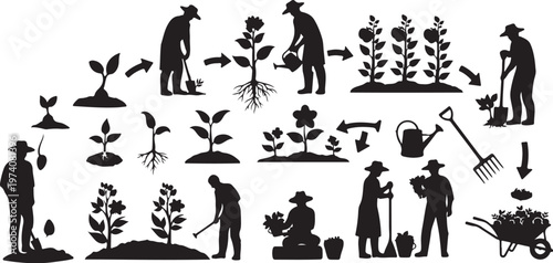 Silhouette illustrations of people gardening and planting flowers outside