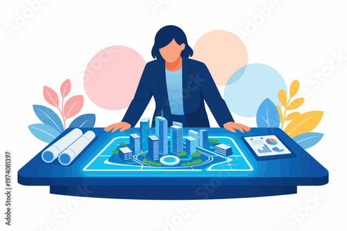 Female Architect Visualizing Smart City Development on Digital Table