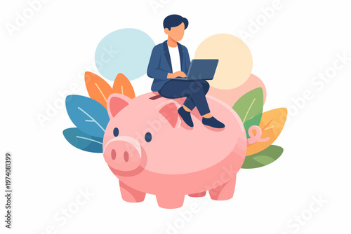 Man Managing Personal Savings on Large Piggy Bank Vector