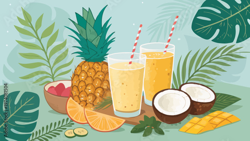 Tropical smoothie set with pineapple coconut and mango fruits refreshing summer drinks with straws on a green background with leaves