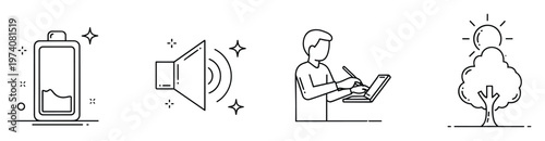 Simple line icons representing a low battery, an active speaker, a person digitally working on a laptop, and a sunny nature tree, ideal for diverse digital applications and interface