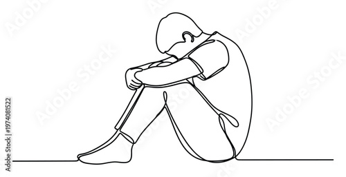 Continuous line drawing of a solitary person sitting on the ground in a distressed and hunched pose, symbolizing deep sadness, depression, and mental anguish, suitable for conveying