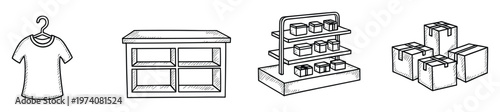 Commercial handdrawn sketch set featuring retail and commerce essentials such as a tshirt, display shelf, product stand, and stacked shipping boxes, ideal for business applications.