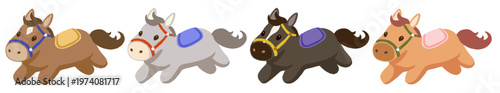 Cute horse vector illustration set, simple hand drawn racehorses