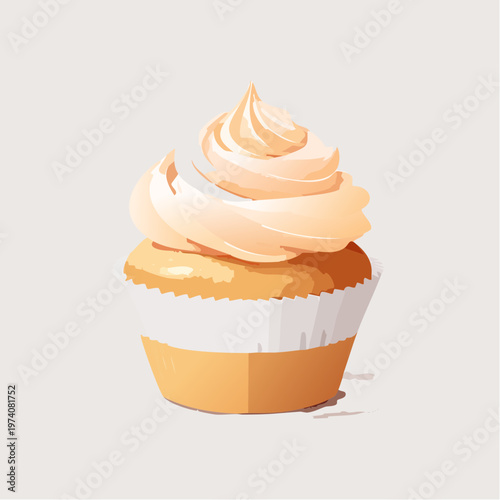 A delicious frosted cupcake with creamy icing on a plain background