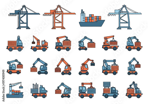 Industrial Logistics and Shipping Port Icon Collection featuring Cargo Ships, Gantry Cranes, Reach Stackers, and Container Trucks