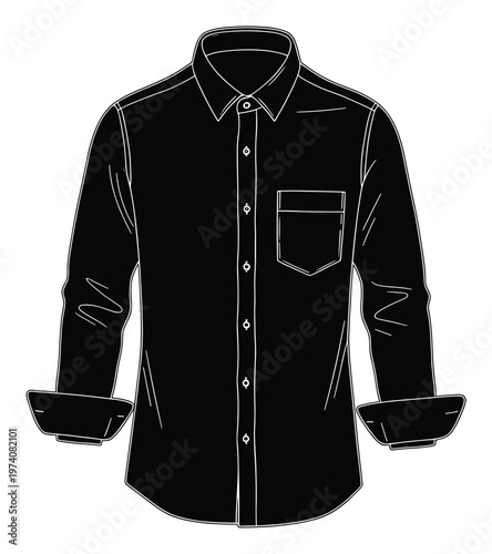 Monochrome vector graphic of a mens black long sleeve buttonup shirt with rolled cuffs and a chest pocket perfect for clothing brand presentations uniform concepts or merchandising visuals