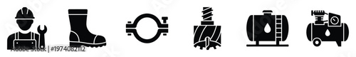 Industrial and safety equipment icons including worker, safety boot, pipe clamp, drill bit, storage tank, and air compressor, useful for engineering, manufacturing, and construction visuals