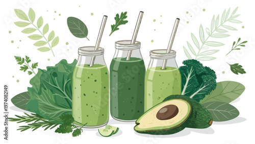 Vegan detox drink collection with green juices and fresh ingredients like avocado kale and herbs in glass bottles
