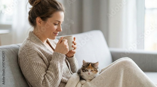 Young woman relaxing on sofa with cup of tea and cat in home  
