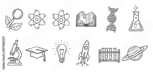 A comprehensive collection of handdrawn outline icons representing scientific discovery, educational concepts, and technological innovation, perfect for school projects, research materials,