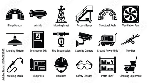 Collection of industrial infrastructure, aviation elements, construction site equipment, maintenance tools, and worker safety gear icons, useful for technical documentation and operational