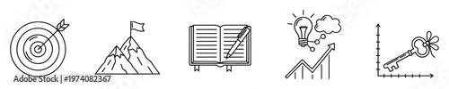 Outline vector icons illustrating fundamental business concepts like goal setting, target achievement, strategic planning, knowledge acquisition, innovation, and upward growth, suitable for