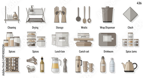 Collection of kitchen items isolated on white background various illustrations