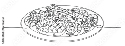 Continuous line drawing of a delicious gourmet meal with grilled steak, shrimp, asparagus, and lemon on a plate, ideal for restaurant branding, food blogs, or healthy lifestyle content.