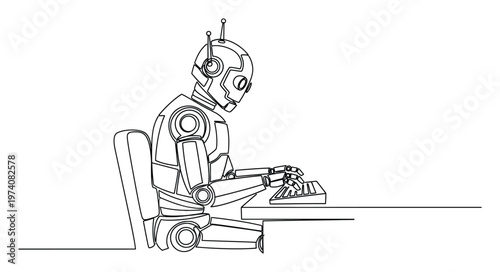 Advanced robot continuously typing on a computer keyboard at a desk, representing artificial intelligence, automation, and technological progress in the workplace for business presentations