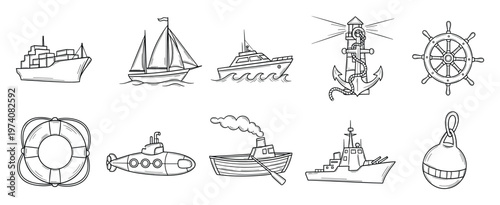 Black and white hand drawn outline collection of various maritime and nautical objects and water transport vehicles including ships boats lighthouse anchor and lifebuoy for diverse design