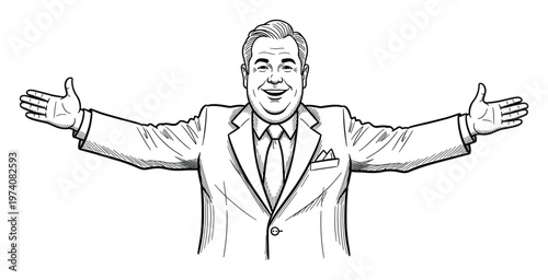 Confident corporate male executive expressing a cheerful and open welcome, excellent for conveying trust and positive interaction in publications.