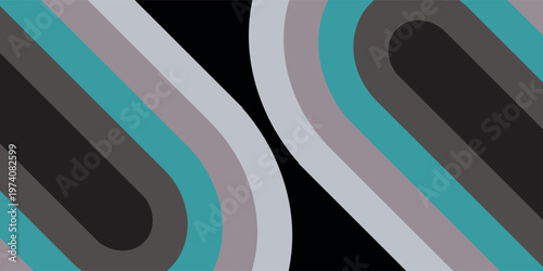Abstract retro pattern with curved teal, grey, and black stripes creating a symmetrical design with a central void.