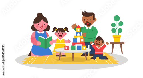 A loving family enjoying quality time at home with parents reading stories and playing with building blocks, fostering happy childhood development