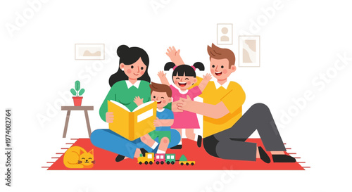 A happy family is reading a book together at home with their children and toys