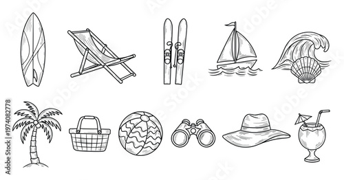 Collection of hand drawn outline summer vacation and beach holiday items, perfect for travel promotions and seasonal event graphics and advertisements.