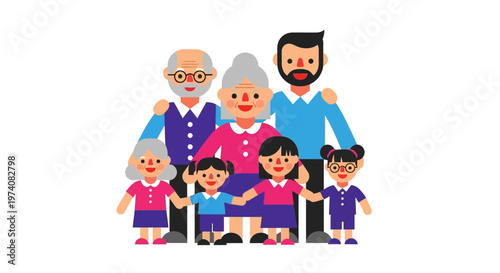 A diverse multi-generational family portrait with grandparents, parents, and children smiling together