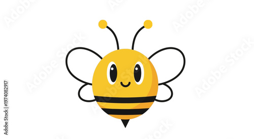 Cute cartoon bee illustration with yellow and black stripes, large friendly eyes, and delicate wings, perfect for children's designs and educational materials