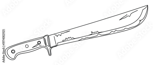 Simple black outline drawing of a long blade machete, useful as a graphic design element for outdoor adventure or survival themed projects and educational materials