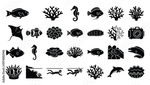 A comprehensive collection of diverse ocean life icons featuring various fish, coral, seahorse, manta ray, dolphin, and scuba diver, ideal for marine education, wildlife, or aquatic