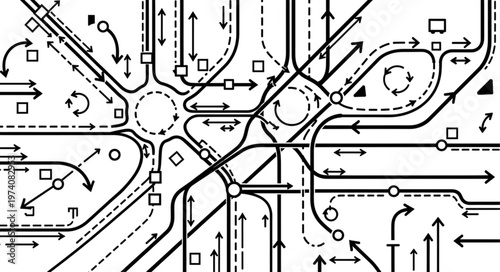 Complex Road Network Diagram with Arrows and Symbols.