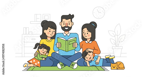 Happy family reading a book together on a rug with a pet cat and indoor plant, illustrating quality time and bonding