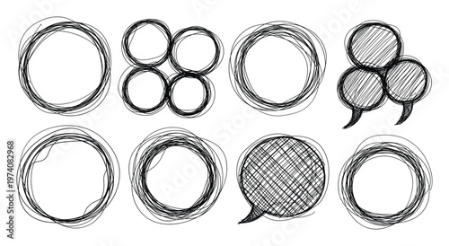 Dynamic hand drawn scribble frames and conversation bubbles create engaging graphic assets for presentations, social media, and digital art projects.