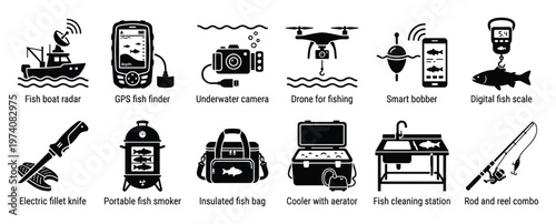 Collection of modern fishing equipment and technology icons, perfect for illustrating innovative tools and essential accessories for anglers in various applications.