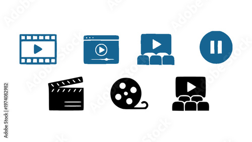 Flat icons of media controls, video, and entertainment elements. Suitable for multimedia applications.