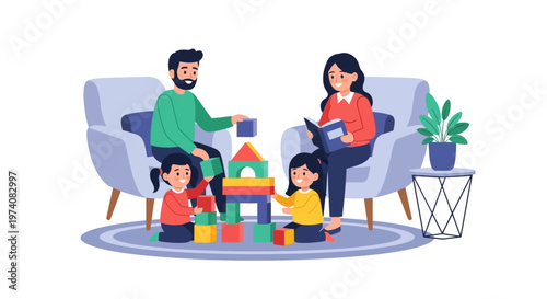 Joyful family moments Parents engaging children in creative block play while fostering a love for reading and togetherness at home
