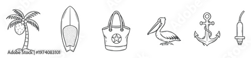 Monochrome line art collection of summer vacation essentials featuring a coconut palm tree, surfboard, beach tote bag, pelican, anchor, and diving equipment ideal for travel and holiday