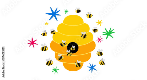Cute cartoon bees flying around a vibrant yellow beehive illustration with colorful starbursts