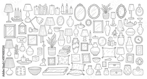 Collection of Vintage Decorative Objects and Ornaments Sketch.