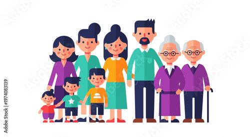 Happy Multi-Generational Family Portrait Illustration of Diverse Ages and Relationships
