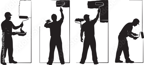 Silhouette of a man painting a wall with roller